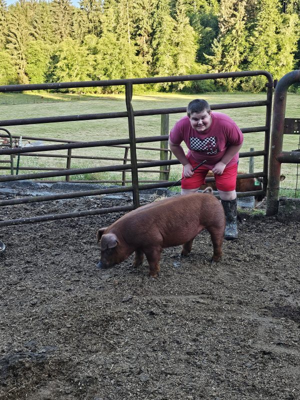 James with his hog, Dodge in a livestock pen.