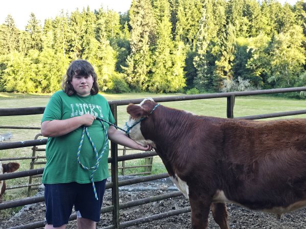 Tony with his steer in front of a fence.