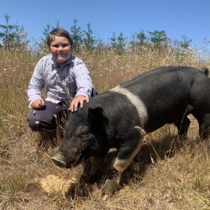 Jacob in a field. In front of him is his 4H project hog.