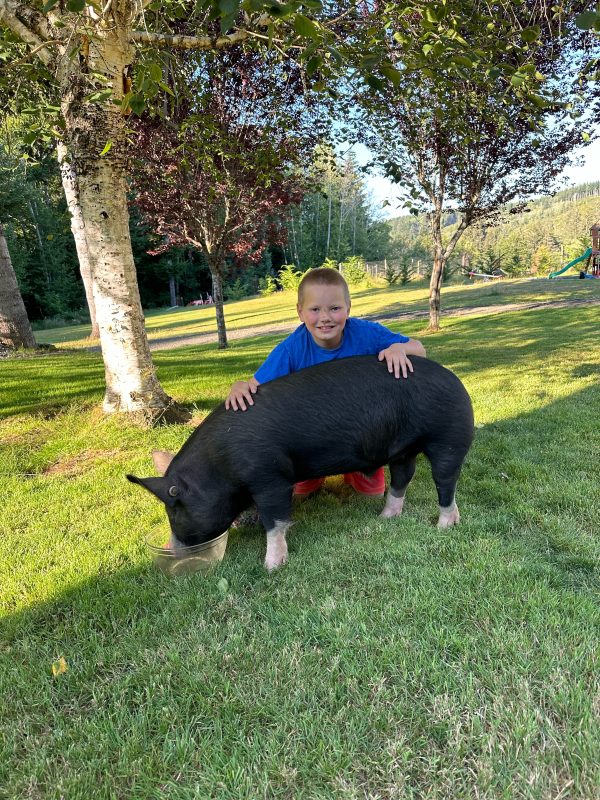 Brody with his hog, Tank under a tree.